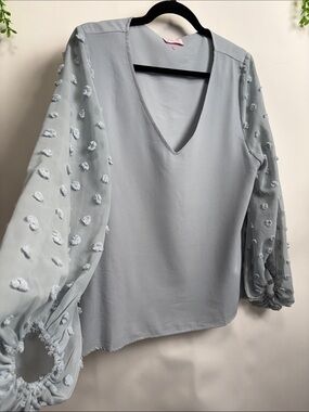 Pink Lily Light Blue V-Neck Swiss Dot Sleeve Blouse